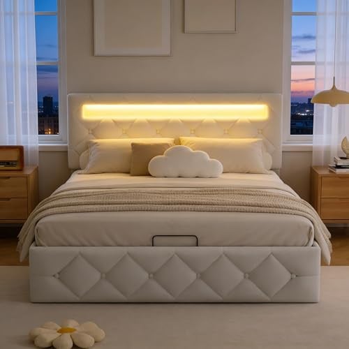 BRILVERDE Polsterbett 140x200 mit Stauraum, Doppelbett mit LED, Funktional mit Kopfteil, Bettgestell mit Lattenrost, Samt (Beige, 140 x 200 cm)