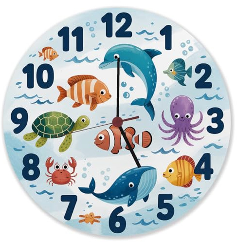 speecheese Meerestiere Aquarellstil Kinder Wanduhr aus Alu Lustige Dekouhr für Kinderzimmer