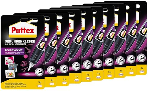 Pattex Creative Pen 10 x 3 g Sekundenkleber, extra stark und präzise für punktgenaues Dosieren, Superkleber Stift für Materialien wie Holz, Gummi und Porzellan