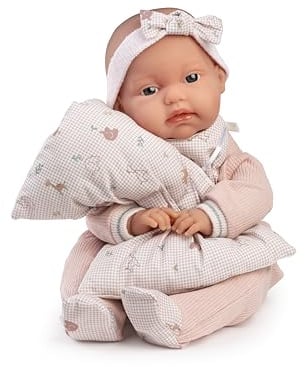 Puppen Antonio Juan - Toneta mit Lätzchen, Babypuppe mit flexiblem Körper, inklusive Lätzchen und dekorativem Kissen, Rosa