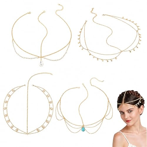 4 Stück Kopfkette Gold Damen Boho Stirnkette Kopfschmuck Gold Geschichtete Kopfkette mit Pailletten Anhänger Haarreif Haaraccessoires für Hochzeit Party Festival Karneval