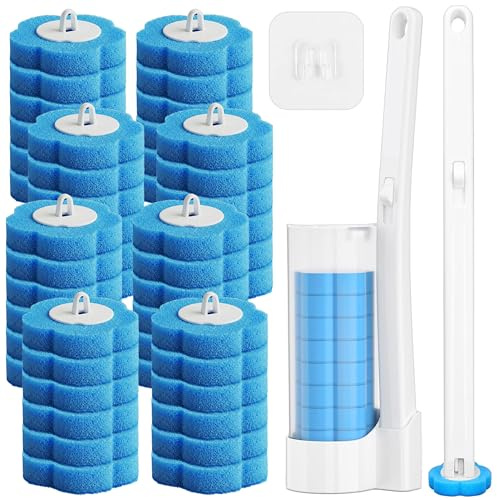 Disposable Toilet Brush Flushable with 48 Replacement Heads & 1 Wand Set | Toilet Brushes 48 Refills & Wand Set, 360° Flexible Disposable Toilet Cleaning System for Toilet Bowl Buddy, Sink & Bathtub