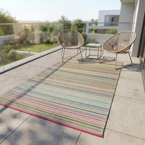FAB HAB Outdoor-Teppich Cancun – Recycelter Kunststoff – Wetterfest, Wendbar, UV-beständig – Gestreift – Candy – 120x180 cm