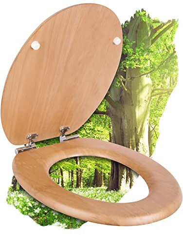 Calmwaters® WC Sitz mit Absenkautomatik Holz, Toilettensitz Modern Wellness, Holzkern Toilettendeckel, Fast-Fix, Metallscharnier, universale O-Form, ovaler Klodeckel, Echtholzfurnier Buche, 26LP2849