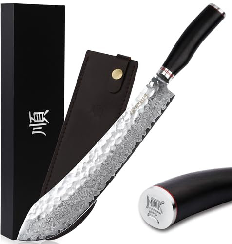 YOUSUNLONG Coltello da macellaio Max Bull Nose - 305 mm - Acciaio damasco giapponese martellato a 67 strati - Manico in ebano naturale con fodero in pelle