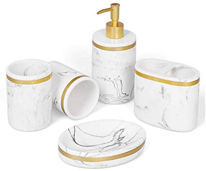 Badezimmer Zubehör Badausstattung Sets 5-Teiliges aus Harz,Marmor Aussehen mit Seifenspender, Zahnputzbecher, Seifenschale,Zahnbürsten-Halter, luxuriöses Badezimmer-Set Weiß Schwarz (Weiß + Gold)