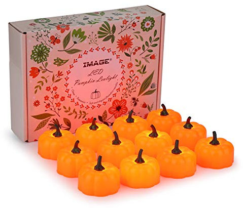 IMAGE Kürbis Teelichter 12 Stück LED Halloween Teelicht flackernde mini Orange Pumpkin Kerzen mit Batterie Deko für Halloween Weihnachten Party Außen