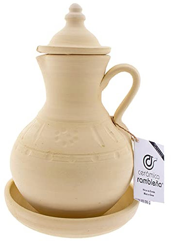 CERÁMICA RAMBLEÑA | Wasserkaraffe aus traditionellem Ton | Wasserkrug aus La Rambla (Córdoba) | 100% handgefertigt | 2.5 Liter | Öko | Teller inklusive
