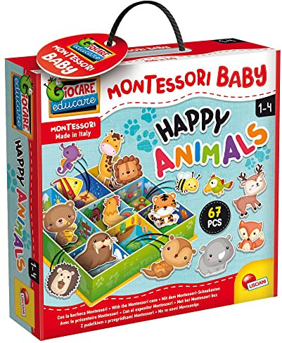 Lisciani – MONTESSORI BABY– Happy Animals - Tierbox in 3D - Formenlernen von Tieren für Kinder von 1 bis 4 Jahren - Pädagogisches Klassifikationsspiel - 67 Teile
