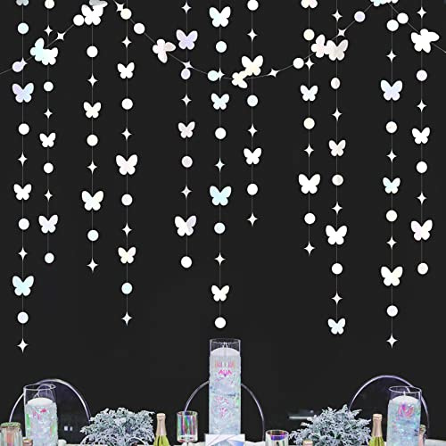 40Ft Iridescent White Butterfly Circle Dot Garland Party Decoration Paper Butterflies Polka Dot Bunting Streamer for Spring Summer Birthday Wedding Engagement Bridal Baby Shower Home Kids Room Nursery