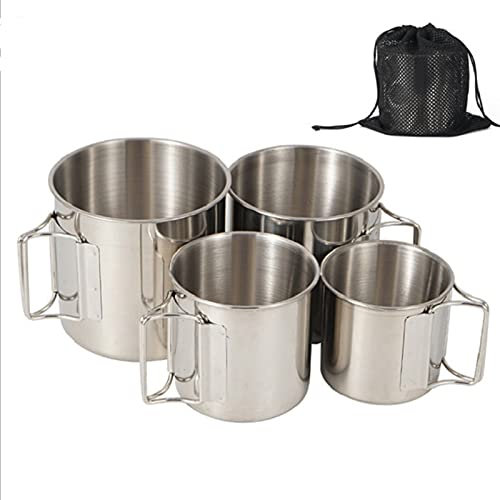 FIYSON Juego de 4 tazas de camping, para exteriores, con asas plegables, de acero inoxidable, vasos aislantes portátiles para camping, fiestas, hogar, viajes