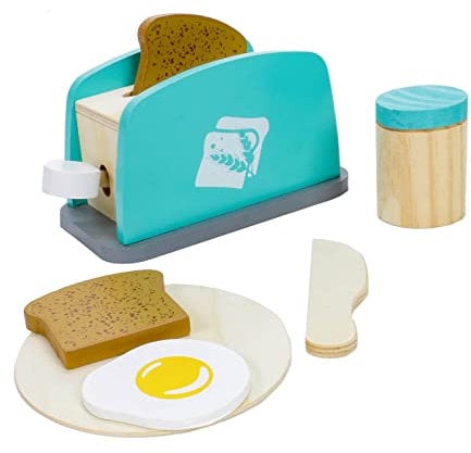 Holzpielzeug Toaster mit Zubehör, 2x Toast, Teller, Spiegelei, Messer, Becher, 2-Schlitz-Toaster mit manuellen Auswurf, Holz FSC-zertifiziert
