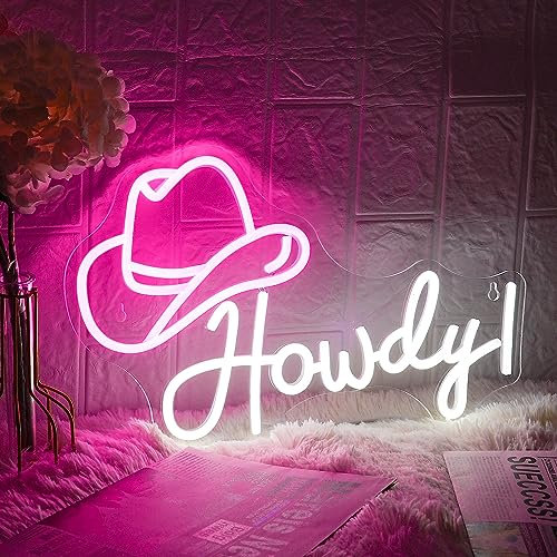 LMSIGNLY Cowboy Hat Neon Sign Howdy Cowboy Neon Signs Cool LED Neon Lights Dimmable Neon Signs USB Powered for Gameroom, Man Cave Beer Bar Cafe Recreation Room(Pink White)