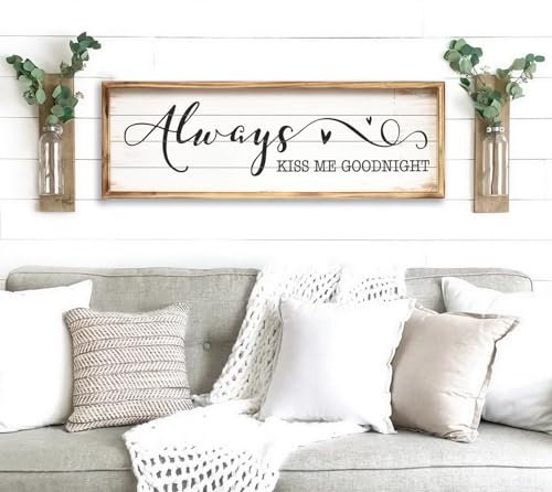 MACVAD Always Kiss Me Goodnight Wanddekor-Schild für Schlafzimmer, großes Bauernhaus-Schlafzimmerschild mit Massivholzrahmen für Paare, Wanddekoration über dem Bett, 70 cm B x 24 cm H