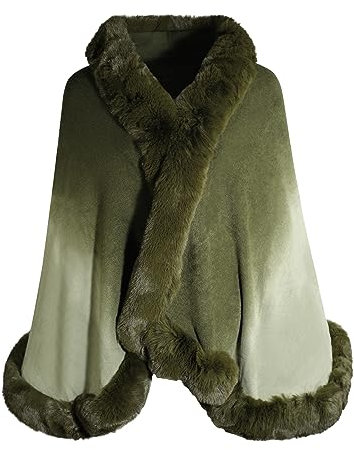 ZLYC Damen Winter Kunstpelz Poncho Cape Strick Schal Stola Warm Cardigan(Dip Dye Army Green)