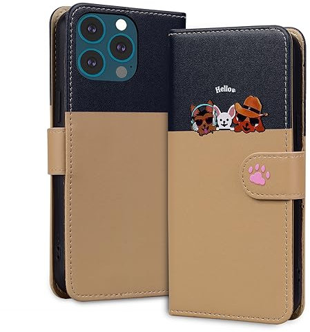 Tiyoo Lovely & Cute Flip Wallet Phone Case for iphone 13 Pro Max with Cartoon Cat&Dog Pattern,Premium Magnetic PU+TPU Leather for high protection Phone Cover for iphone 13Pro Max(Khaki)