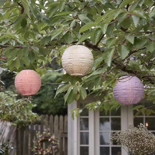Lights4fun 3er Set Tyvek LED Pastellfarbene Solar Lampions Altrosa Violett Weiß Marokkanische Laternen Außen Gartenbeleuchtung Outdoor Dekoration Solarlaternen Solarleuchte Solarlampe 20 cm