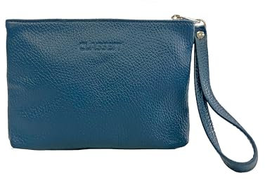 CLASSE77 Pochette à main en cuir véritable souple – Petit sac à main avec dragonne pour homme ou femme, pratique et élégant – Fabrication artisanale – Fabriqué en Italie, Bleu avion.