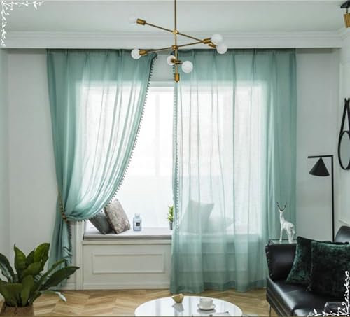 Homxi Gardinen mit Tüll 2er Set,2 x 107W x 244H cm,Vorhänge Wohnzimmer Voile Grün Einfarbig mit Quaste Ösen Gardinen Küche