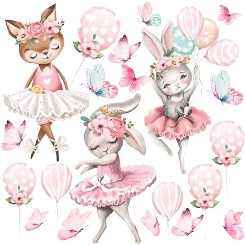 HUBDECO - Wandtattoo Kinderzimmer - Wanddeko - Selbstklebende Folie - Fototapete - Wandsticker - Selbstklebende Tapete - für Mädchen und Jungen - Reh, Kaninchen, Luftballons - 120x240cm