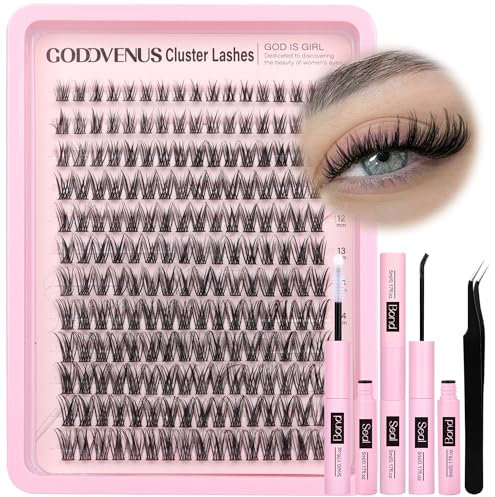 Goddvenus Individual Eyelashes Wispy Lash Clusters Kit D Curl Eyelashes Individual Kit Natural Lash Extension Kit with Russian Cluster Lashes Glue Bond and Seal and Lash Tweezers (D Curl 192pcs)