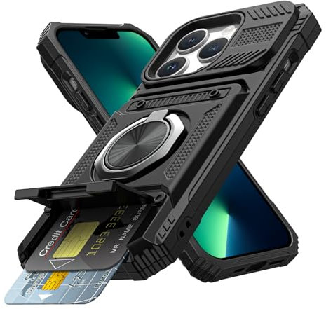 Coolden for iPhone 13 Pro Case with Card Holder [Max 2 Cards] Ring Kickstand Shockproof Military Grade Dual Layer Heavy Duty Protective Case Wallet Case Cover for iPhone 13 Pro Phone Case-Black