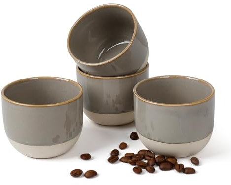 NOVAJOY | Espressotassen Set | 4-teilig | 140 ml | Mini-Espressotasse - Handgefertigt dickwandigem | Hochwertige Tassen aus Steingut | Ohne Henkel | Kaffeetassen | Mokka | Geschenk in modernem Design
