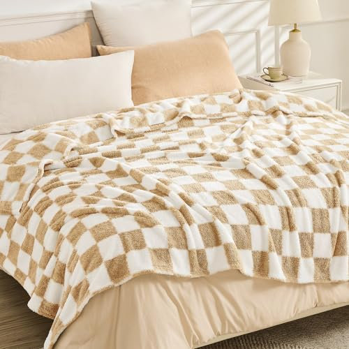 EMME Kuscheldecke Flauschige Sherpa - Karierte Decke, Weiche Warme Wolldecke&Fleecedecke, Tagesdecke, Überwurfdecke, Decke für Sofa, Couch, Beige, 130 x 150 cm