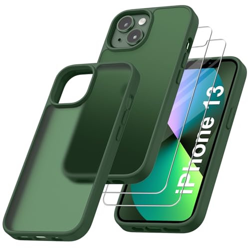Qasyfanc Handyhülle Kompatibel mit iPhone 13, Hülle mit Kameraschutz und 2 Stück Schutzfolie, Hard PC Nie Vergilbung Case Matt Militärschutz Kratzfest rutschfest Schutzhülle, Dunkelgrün