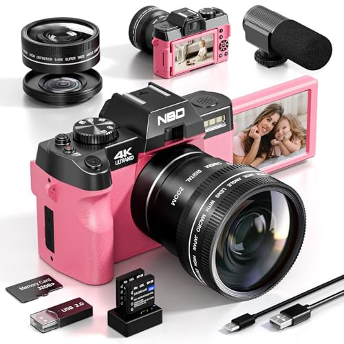NBD 4K Digital Cameras for Photography - 48MP/60FPS Video Camera for Vlogging, WiFi & App Control, YouTube Vlogging Camera with 32GB TF Card. Wide-Angle & Macro Lens Included (Pink)