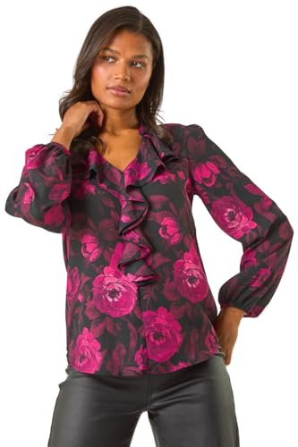 Roman Originals Ruffle Front V-Neck Satin Blouse for Women UK - Ladies Everyday Autumn Winter V-Neckline Comfy Soft Evening Vacation Work Party Night Out - Pink Black - Size 10