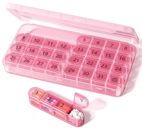 Doruimi Monat Tablettenbox 31 Tage, Klein Pillendose Große Fächer, Medikamentenbox 4 fächer mit Einfachem Offenem Design fur Vitamine, Nahrungsergänzungsmittel & Medikamente - Rosa