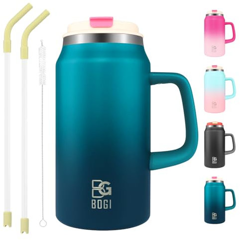 BOGI 50oz Tumbler with Straw and Lid,Large Capacity Travel Mug with Handle Insulated Stainless Steel Water Bottle Cup Keep Cold and Hot for Tea Coffee, Leak-Proof, BPA-Free, Non-Slip | BDblue