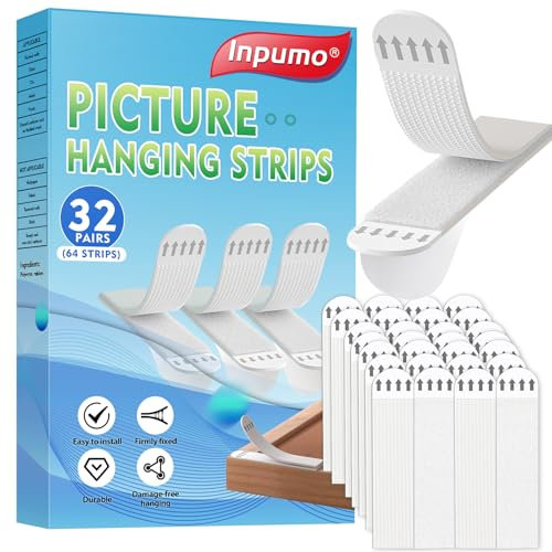 Inpumo Picture Hanging Strips, 32 Pairs (72 Strips) Heavy Duty Adhesive Strip for Damage-Free Hanging, No Nails Needed, Ideal for Pictures, Frames, Mirrors, and Wall Décor