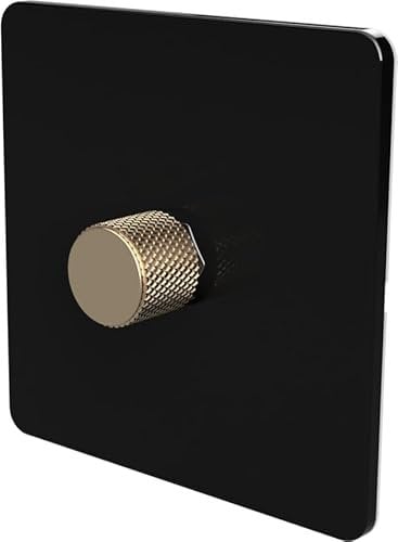 Flat Trailing Edge 2 Way LED Dimmer Switch Rotary Push On/Off for Dimmable LED and Halogen Lights - Black/Brass 1-Gang