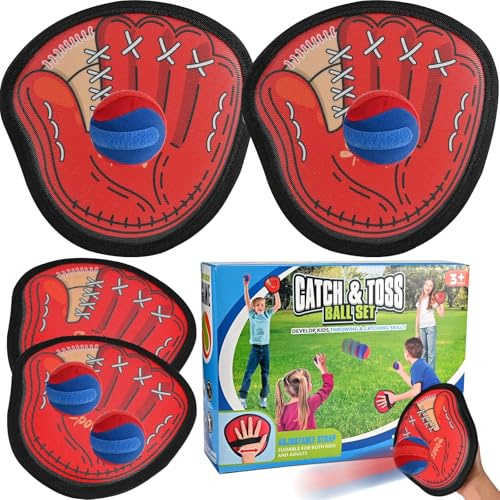 Toss and Catch Outdoor Toys for Kids 5 6 7 8+ Years, Garden Games, Beach Ball Games, Outdoor Lawn Games, Family Game with 4 Sticky Baseball Glove 4 Balls for Children Adults