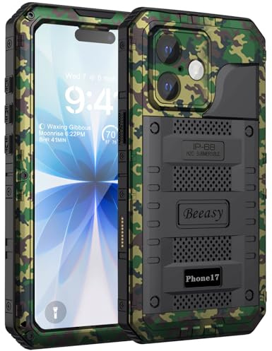 Beeasy für iPhone 17 Hülle, IP68 Wasserdicht Staubdicht Handyhülle Outdoor Panzerhülle, Militär 360 Grad Schutzhülle mit Displayschutz, Robust Stoßfest Heavy Duty Metall Case 6,3, Camo