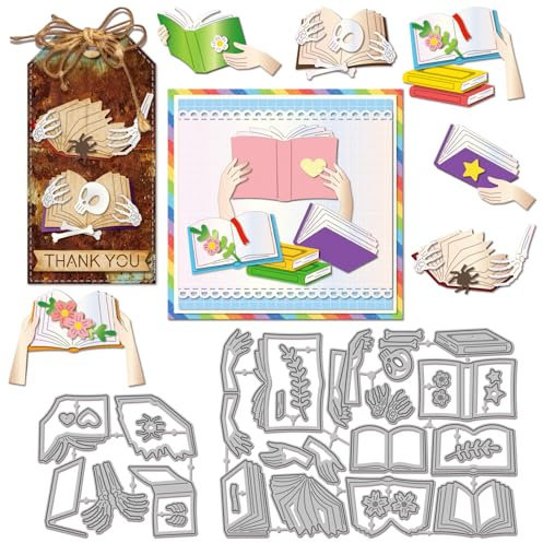 GLOBLELAND Stanzformen Zum Lesen von Büchern Rahmen Zum Gestalten von Karten Papierpräge Stanzschablonen Set Mit Blumen Und Blättern Hände Skelett Metall Stanzformen Für DIY Scrapbooking Prägung