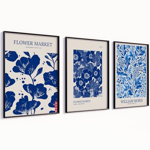 MJ-GRAPHICS® Flower Market Poster Set Blau Bilder mit Rahmen Wanddeko Schlafzimmer Bilder Set Wandbilder Wohnzimmer Modern Kunstdrucke Flur A2 Poster Set Bilder mit Rahmen 3er Schwarzer Rahmen
