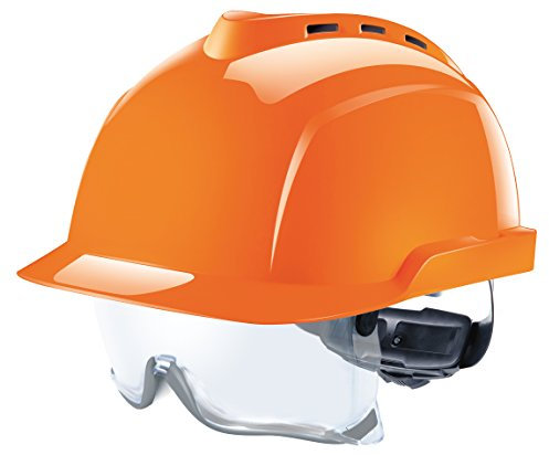 MSA V-Gard 930 Profihelm | Entspricht DIN EN397 | mit Belüftung und Drehradregelung Fasttrack | inkl. Integriertem Schutzvisier/Schutzbrille | Farbe: Orange