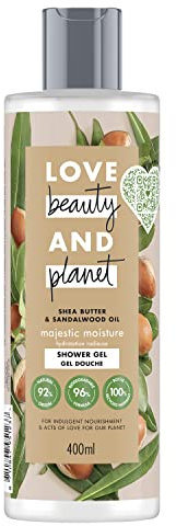 Love Beauty & Planet Duschgel für Damen, strahlende Hydratation, Sheabutter und Sandelholzöl, vegan, 92% Inhaltsstoffe natürlichen Ursprungs (Flasche mit 400 ml)