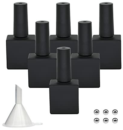 Agidea Lot de 6 flacons vides de vernis à ongles gel avec pinceau - 10 ml - Noir opaque - En verre carré - Rechargeables - Sans danger pour les UV - Avec boules de mélange et entonnoirs