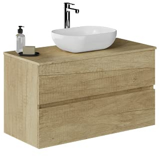 Baikal Baño Onyx, 2 cajones, suspendido en Pared, con Lavabo cerámico. Mueble Montado, Melamina 16,Mueble F46 + Top + Lavabo 100 cm Nature