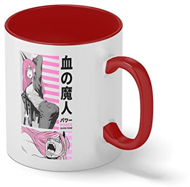 Power Chainsaw Anime Gore Denji Pochita Makima White Coffee Mug with Red Rim & Handle