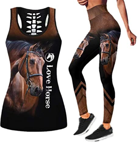 3D-Druck mit Pferde-Motiv, Fitness-Studio, Yoga-Set für Damen, mit Aussparungen, Leggings für Fitnessstudio, mittlere Taille, dehnbare Sporthose, MP136, 42