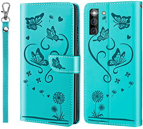 ZZHAO Case for Samsung Galaxy S21 5G, Butterfly and Dandelion Embossed Premium PU/TPU Leather Flip Wallet Case with Lanyard,Stand Function and Magnetic Card Slots Mobile Phone Cover, Green