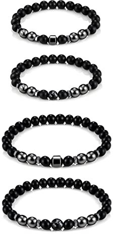 Emibele Magnetisches Fußkettchen, 4 Stück Hämatit Perlen Magnettherapie Fußkette mit Elastischem Seil für Damen, Anti-Schwellung & Gewichtsverlust & Angstabbau Schmuck für Frauen, Schwarz