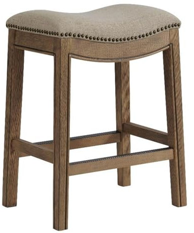 Williston Hocker mit Thekenhöhe, natürliches Finish, Rahmen aus Gummibaumholz, leinenähnliche Stoffpolsterung, Metalltrittplatte, stabile Fußstütze, Maße 50,8 x 35,6 x 66 cm (B x T x H)
