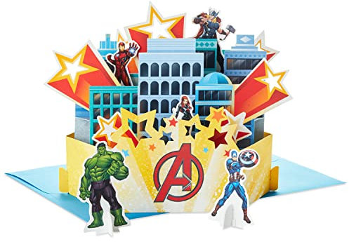 Hallmark Paper Wonder Pop Up Avengers Birthday Card (Assemble, City Scene with Paper Hulk, Black Widow, Captain America, Iron Man Figures)