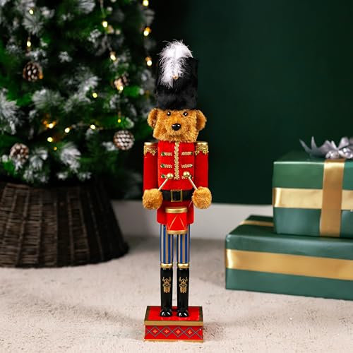 Marco Paul - Oso de peluche grande de lujo con desfile de tambor, cascanueces, adorno de Navidad de madera para uso en interiores, grande de 60 cm, galleta de nueces, estatua de Navidad